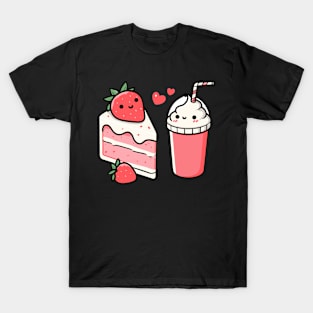 Kawaii Strawberry Cake and Ice Cream Milkshake in Love | Cute Kawaii Design for Couples T-Shirt